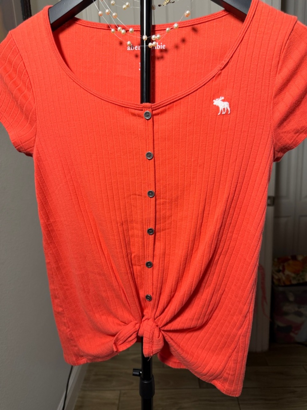 Abercrombie & Fitch Coral Knot-Front Ribbed Button Tee